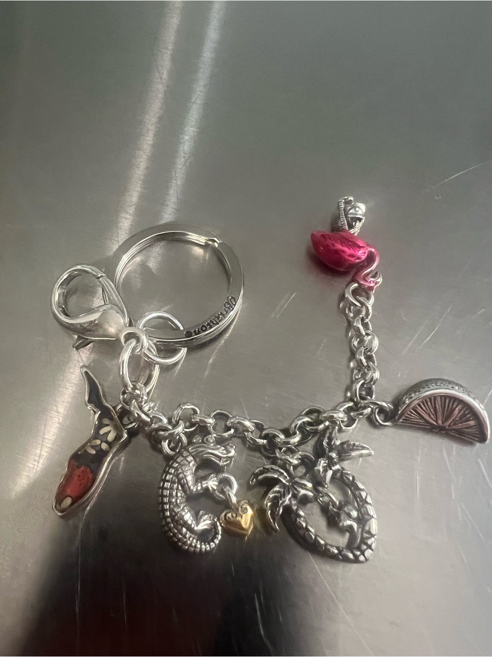 Brighton Silver-Tone Florida Charm Keychain with Pink Flamingo and Gold Accent